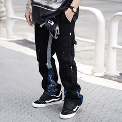 Threebooy Hip Hop Splash Ink Wide Leg Jeans Y2k Distressed Colorblock Denim Jean with Print Graffiti Flare Denim Pants for Men