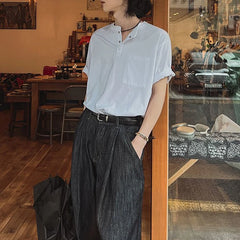 Threebooy  New Fashion Korean Style Men T-shirt Light Luxury Henry Collar Tops Casual Loose High Quality Solid Color Half Sleeve Tees M-2XL