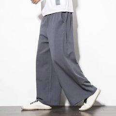 Threebooy   Men Spring and Summer Loose Cotton Linen Wide-leg Sports Harlen Straight Casual Pants