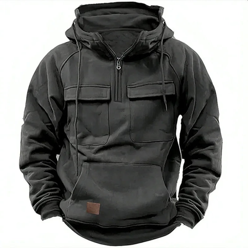 Threebooy Spring Autumn New Men's Hooded Solid Color Sweatshirt Multi Pocket Leather Patch Sports Coat