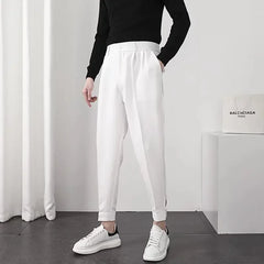 Threebooy  Men Casual Pants Elastic Waist Small Feet Korean Fashion Slim Pleated Tapered Male Blazer Pants Trousers Streetwear
