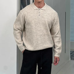 Threebooy  New British Retro Men Polo Neck Sweater Light Luxury Knit Loose Long Sleeve Pullover Casual Solid Color Premium Knitwear M-3XL