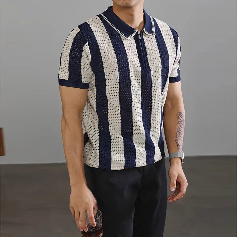 Threebooy New Chic Striped Polo Shirt Light Luxury Hollow Out Knitted T-shirts Korean Style Zipper Short Sleeve Tops Breathable Knitwear
