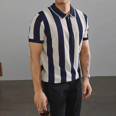 Threebooy New Chic Striped Polo Shirt Light Luxury Hollow Out Knitted T-shirts Korean Style Zipper Short Sleeve Tops Breathable Knitwear