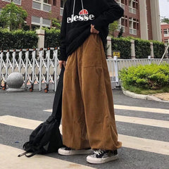 Threebooy Brown Black Corduroy Pants Men Fashion Retro Oversized Casual Pants Men Streetwear Loose Hip-hop Wide-leg Pants Mens Trousers