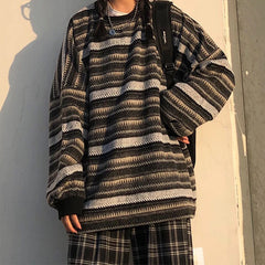 Threebooy Knitted Sweaters Women Oversized V Neck Striped Pullover Vintage Sweater Autumn Winter Retro Warm Jumper Harajuku Loose Sweater
