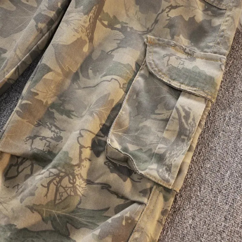 Threebooy Gothic Harajuku American Camouflage Drawstring Casual Trousers Leaf Pattern High Street Hip Hop Y2k Straight Leg Wide Leg Pants