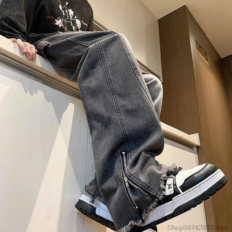 Threebooy Autumn Side Zipper Jean Pants New Fashion  men streetwear Jeans Loose Straight Denim Pant Mens Vintage All-match Trousers