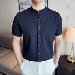 Threebooy  Summer 100% Cotton Stand Up Collar Striped Shirt Men's Casual Pocket Decoration Short Sleeved Shirt Business Social Dress Shirt