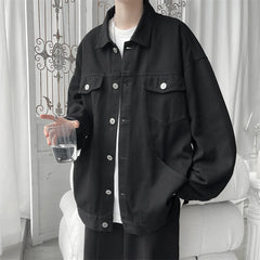 Threebooy Black Denim Short Jacket Men Jeans Jacket Coats Turn Down Collar Denim Coats Windbreaker Pockets Overalls Bomber Streetwear