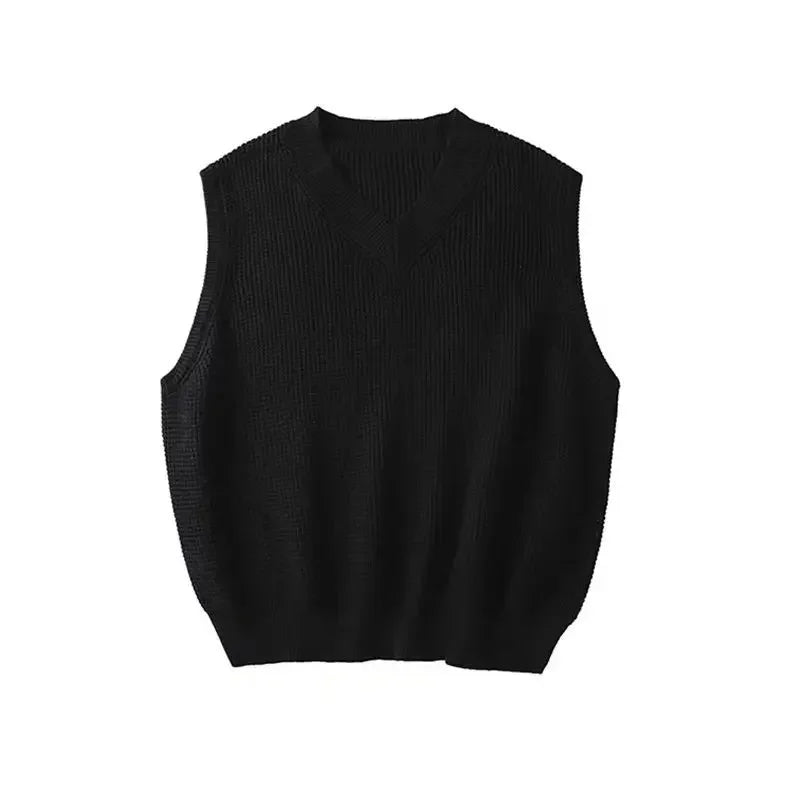 Threebooy Men's Clothing Solid Color Vest V Neck Waistcoat Knit Sweater Male Plain Blue Baggy Sleeveless Korean Style Spring Autumn 2024 X