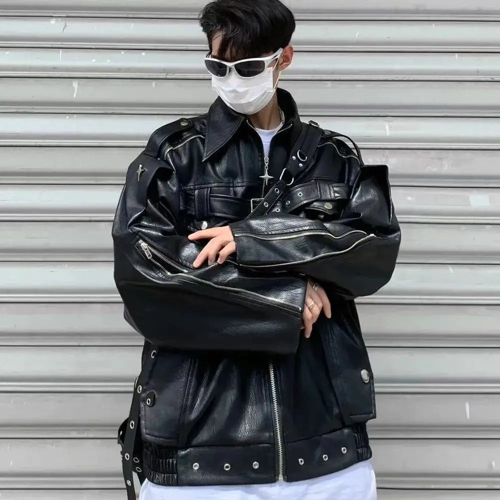 Threebooy  Leather Jacket American Retro High Street White Coat Men's Spring Autumn Streetwear Niche High-end Motorcycle Jacket