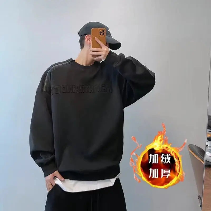 Threebooy  Hip Hop Sweatshirt Loose Shoulder-down Steel Stamp Raised Letter Zipper O-neck Shirt Men's High-end Hat-free Clothing