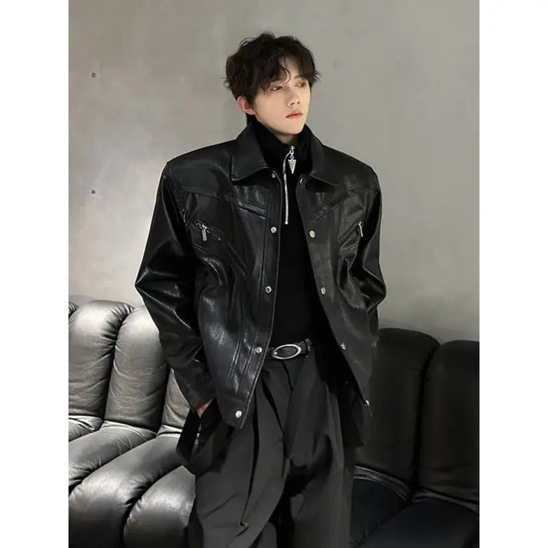 Threebooy American Retro Shoulder Pad Short Leather Jacket Men's Spring Deconstruction High-end Fashion Trend Vintage Motorcycle Jacket