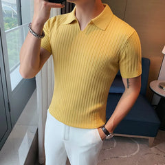 Threebooy  British Style Men's Summer Casual Short Sleeves Polo Shirts/Male Slim Fit High Quality Stripe Knitted V-neck Polo Shirts