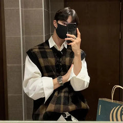 Threebooy Knitted Sweaters for Men Plaid V Neck Man Clothes Waistcoat Sleeveless Vest Casual Korean Autumn Y2k Streetwear Elegant