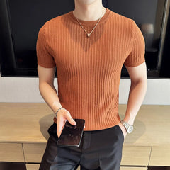 Threebooy Men's Summer Striped Knit T-shirt/Male Slim Fit High Quality Fashion Pullover/Man High Resilience Casual knitted T-shirt 3XL