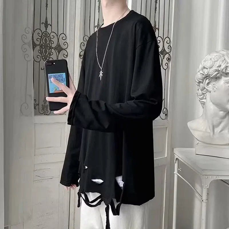 Threebooy Spring Autumn Women's Black White Holes Long Sleeved T-shirt New In Fashion Bottoming Shirt Tops Tees