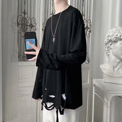 Threebooy Spring Autumn Women's Black White Holes Long Sleeved T-shirt New In Fashion Bottoming Shirt Tops Tees