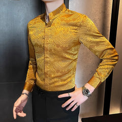 Threebooy  Spring Autumn Stand Up Collar Long Sleeved Printed Shirts Men Fashion Casual Business Social Formal Chinese Style Men's Shirt