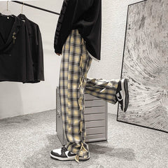 Threebooy Casual Straight Wide Leg Pants Breathable High Street Trend Loose Casual Cargo Pants Plaid Black Rope Decorative Trousers Spring