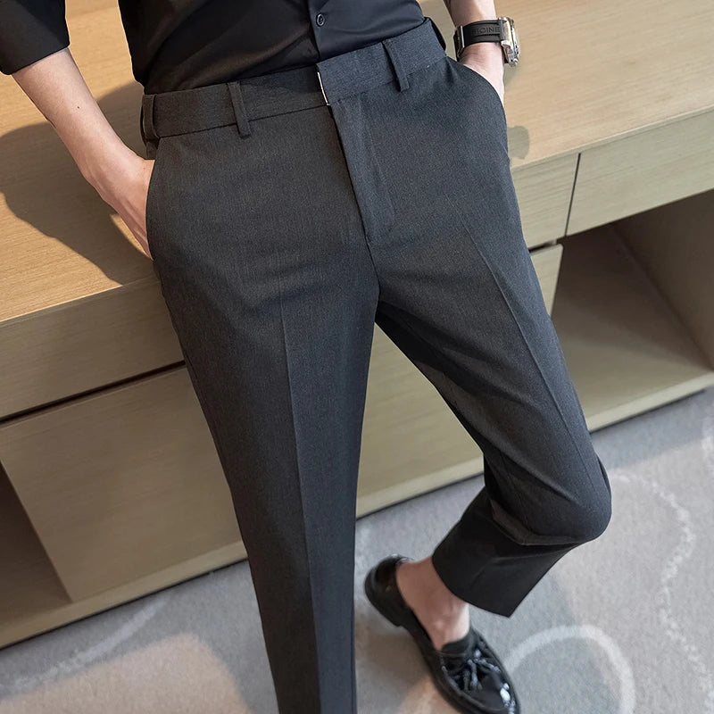 Threebooy Men Thin Business Solid Color Slim Casual Formal Office Trousers Male Summer Stretch Ankle-Length Suit Pants Plus Size 28-36