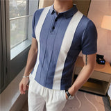 Threebooy Vintage Pattern Patchwork Knit POLO Shirt Men Summer Fashion Men Short Sleeve Slim POLO Shirt Casual Button Lapel Pullover