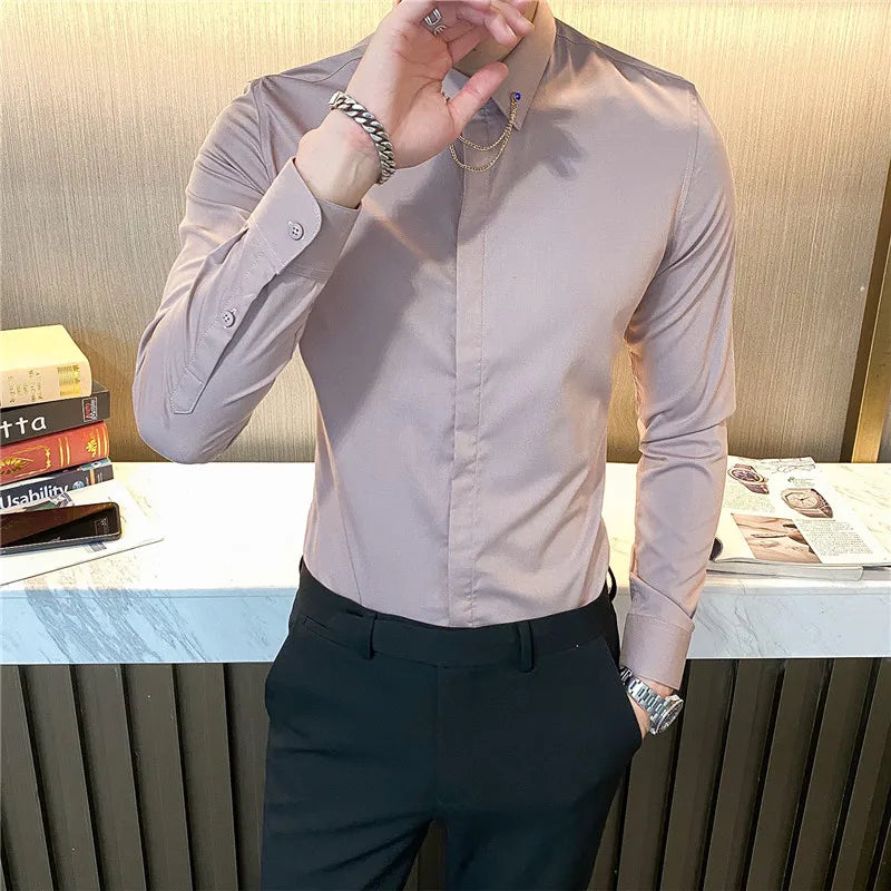 Threebooy High Quality Men Dress Shirt Autumn Long Sleeve Solid Business Slim Fit Shirts Homme Dress Social Casual Shirt