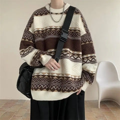Threebooy Autumn and Winter Round Neck Sweater for Men Casual Trendy Brand Streamer Lazy Style Contrast Striped Knitted Sweater