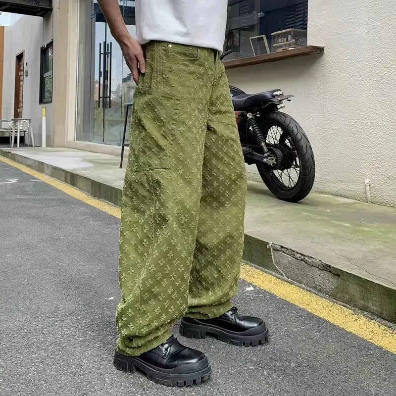 Threebooy Street American Straight Wide-leg Jeans Green Vintage Jacquard Jeans Men's Pantalones Hombre Y2K Fashion Streetwear Loose Pants