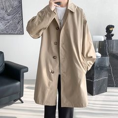 Threebooy  Men's Trench Coat Fashion long Windbreaker Men Solid Color Single Breasted Loose Casual Trench Man Streetwear Plus Size M-5XL