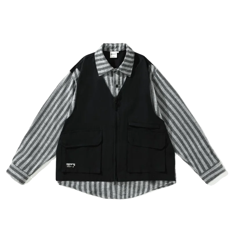 Threebooy Cityboy Japanese Retro Splicing Fake Two-piece Fashion Work Shirts Men Women Casual Loose Long-sleeved Shirt Jacket Aesthetic