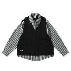 Threebooy Cityboy Japanese Retro Splicing Fake Two-piece Fashion Work Shirts Men Women Casual Loose Long-sleeved Shirt Jacket Aesthetic