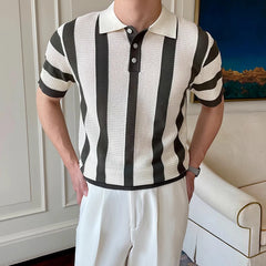 Threebooy  Men's Clothing Urban Fashion Striped Knit Polo Shirt Casual Business Slim Short Sleeve T-shirt Chic Hollow Out Breathable Tops