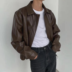 Threebooy  Mens Autumn Winter Retro PU Leather Casual Loose Short Leather Jacket Men'S Handsome And Elegant British Jacket Tops