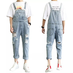 Threebooy Men's Suspenders Jumpsuit Summer Fashion Loose Denim Overalls Man Straight Hole Nine Point Pants Male Clothing Plus Size S-3Xl