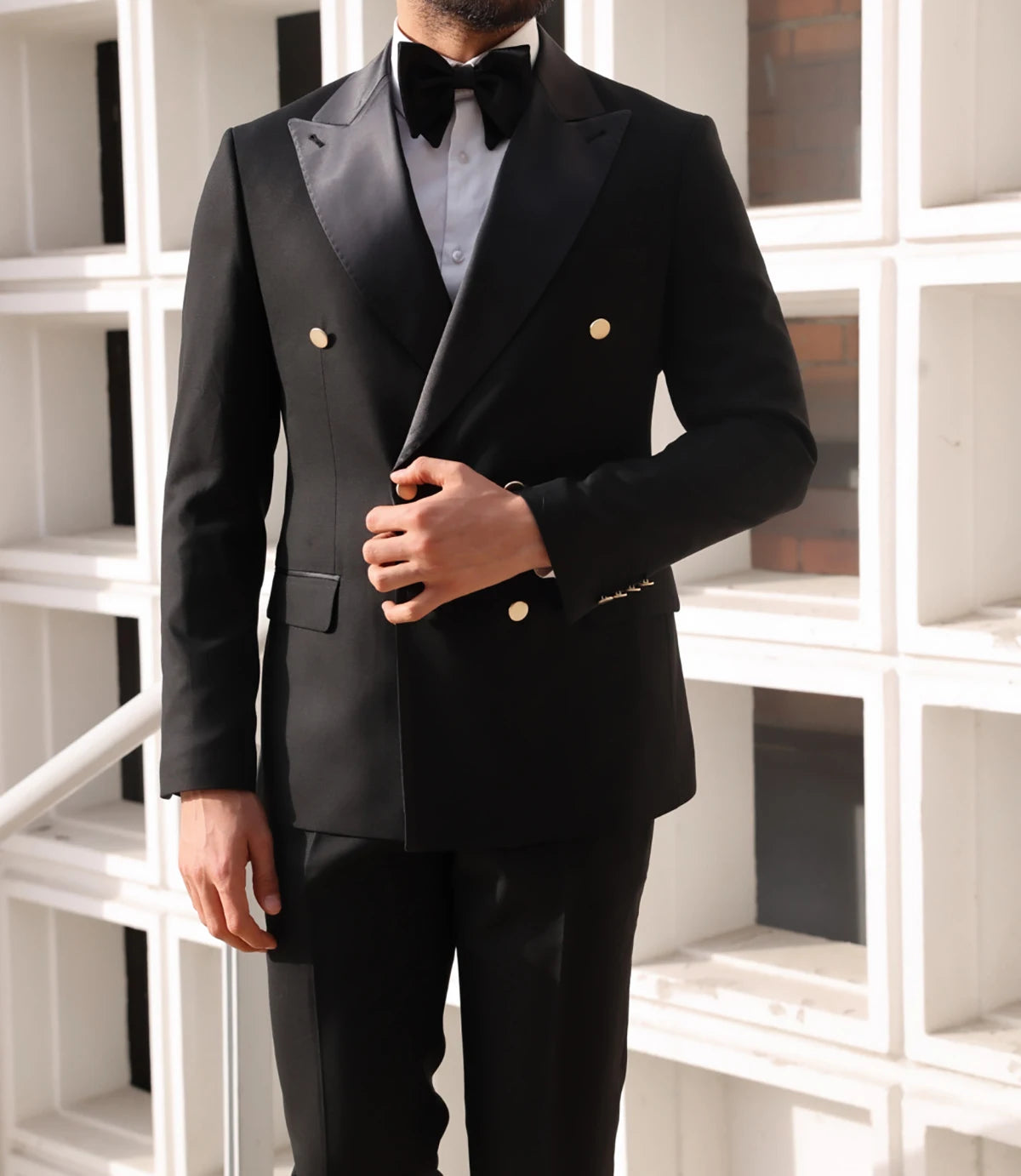 Threebooy  Formal Men's Suit 2 Pieces Blazer Pants Bow Collar Double Breasted Buckle Business Work Wear Wedding Prom