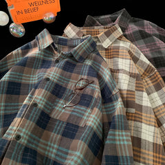 Threebooy Korean Street Plaid Shirt Coat Men's Long Sleeve Turn Down Collar Casual Shirts Vintage College Style Unisex Fashion Clothing