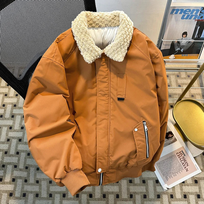 Threebooy Japanese Solid Workwear Padded Coat Winter Loose Trend Splicing Imitation Lamb Fleece Collar Cotton Jacket Casual Lapel Coat