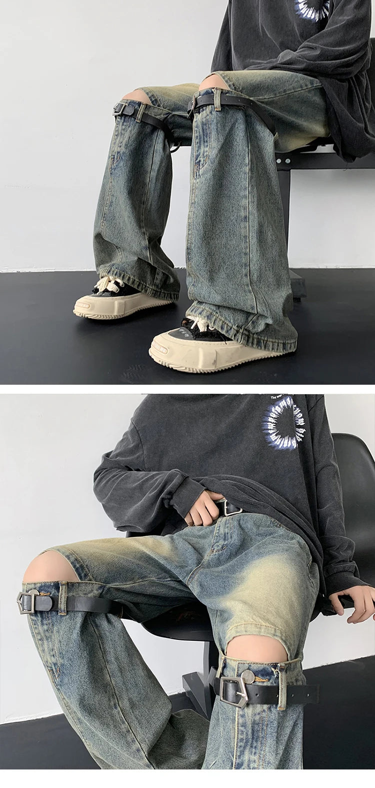 Threebooy Men's Jeans Retro Trousers Knee Holes Splicing High Street Loose Denim Trousers Flared Jeans Straps Cowboy Casual Long Pants