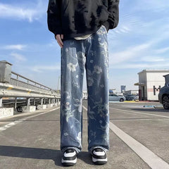 Threebooy Korean Style Mens Fashion Blue Printed Jeans 2024 Spring New Floral Denim Pants High Street Loose Straight Couples Trousers