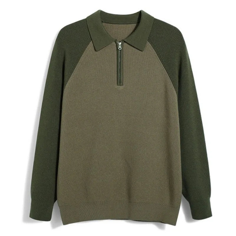 Threebooy  New American Chic Men Polo Sweater Luxury Trendy Business Zip-up Knit Solid Color Pullover Leisure Slim-fit Long Sleeve Knitwear