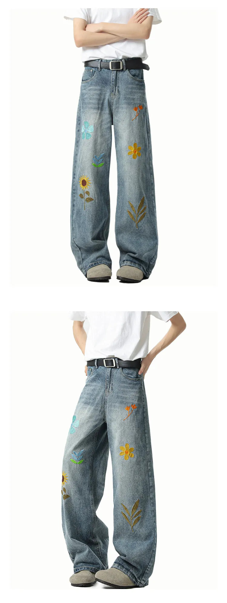 Threebooy Jeans Men Washed Embroidered Jeans Loose Fit Straight Wide Leg Casual Denim Pants Fashion Trendy Streetwear Trousers Comfort