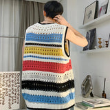 Threebooy Men Casual O Neck Sleeveless Knitted T Shirt Mens Trend All-match Knitting Tank Tops Camisoles Fashion Striped Crochet Knit Vest