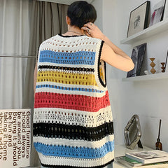 Threebooy Men Casual O Neck Sleeveless Knitted T Shirt Mens Trend All-match Knitting Tank Tops Camisoles Fashion Striped Crochet Knit Vest