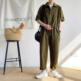 Threebooy Men's Overalls Jumpsuits Summer Fashion Casual Nine Point Cargo Pants Japanese Retro Male Clothes Couple Loose Solid Color Suit