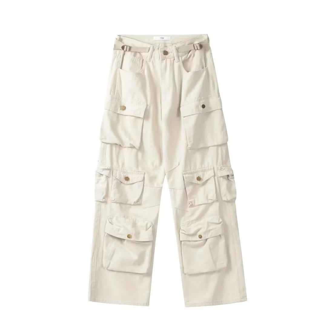 Threebooy  Spring Cargo pants New Popular Rice White Multi-pockets Overalls Harajuku stays Men Loose Casual Trousers Straight Mopping Pants