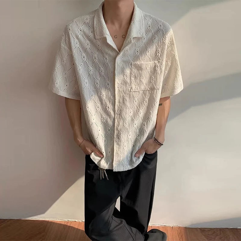 Threebooy  Summer Men's Clothing Light Luxury Jacquarded Suit Collar Shirts Streetwear Button-down Short Sleeve Retro Leisure Fashion M-3XL