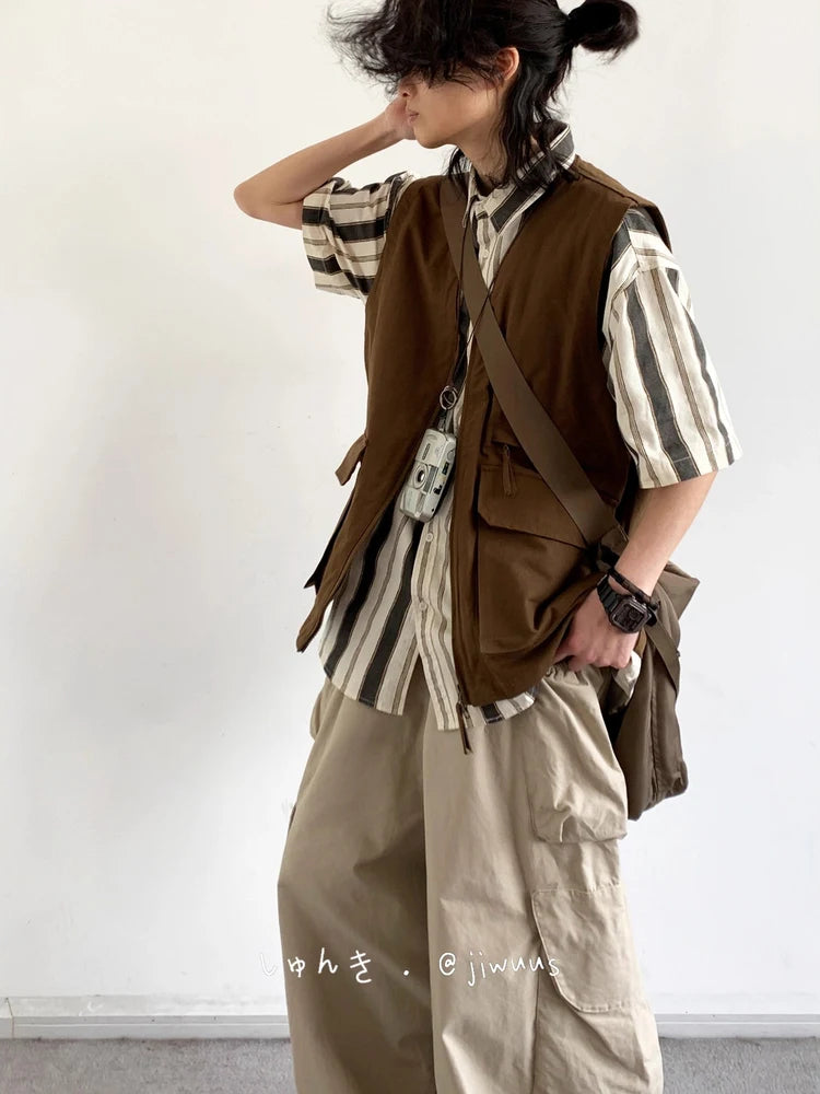 Threebooy  New Summer Japanese Retro Work Suit Vest Men Women Korean Fashion College Style Loose Sports Casual Sleeveless Versatile Jacket