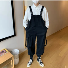 Threebooy Suspenders Jumpsuit Pants Men Summer Overalls Japanese Loose Straps Casual Pockets Unisex Oversize Streetwear Solid Man Clothing